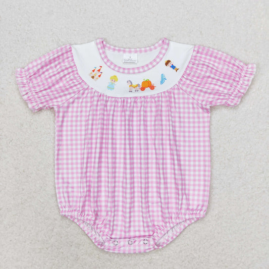 SR1692 Castle Prince Princess Pumpkin Car pink white checkered short sleeve romper High quality ribbed baby romper