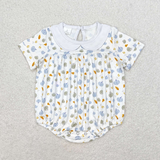 SR1698 Blue pumpkin leaf doll collar white short sleeve romper High quality baby romper for girls zipper