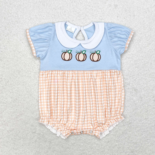 SR1710 Embroidered pumpkin doll collar orange plaid blue short sleeve romper high quality baby zipper romper