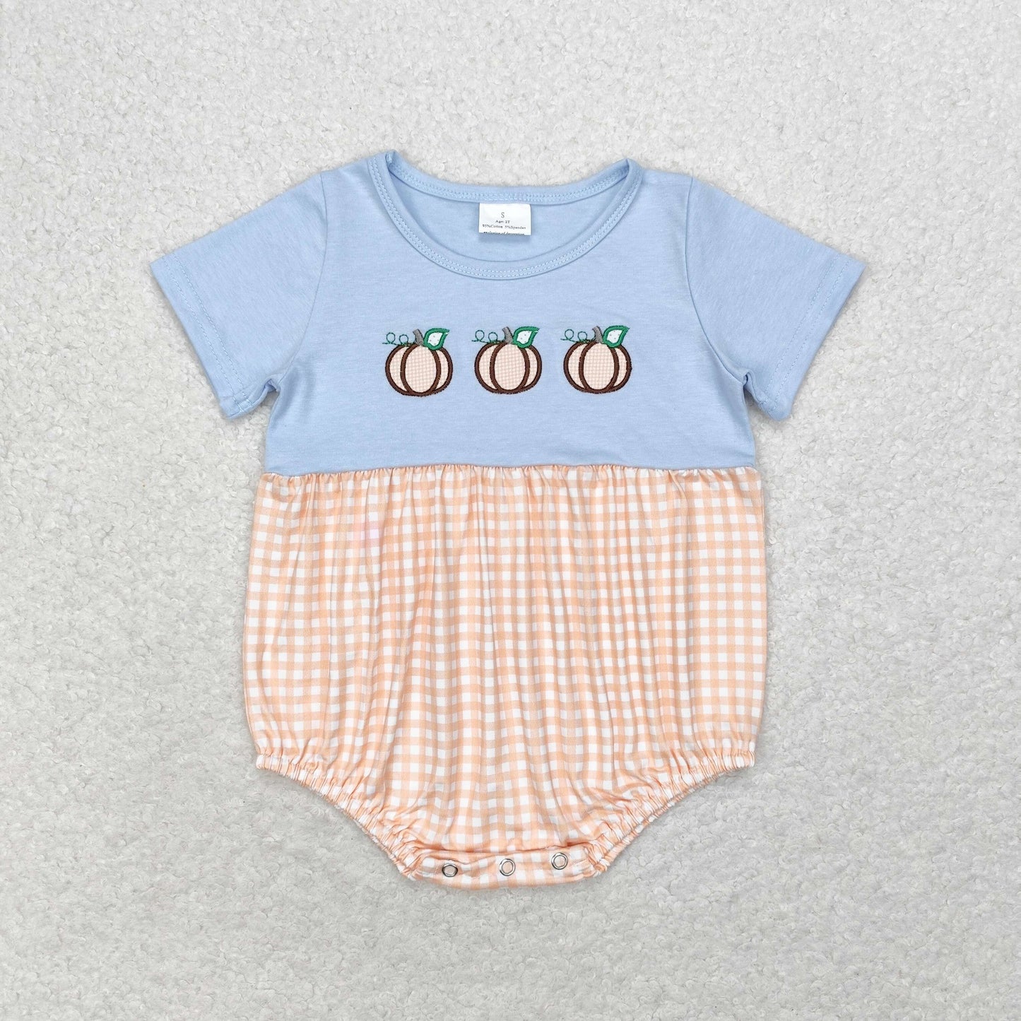 SR1711 Embroidered pumpkin Orange plaid blue short sleeve romper high quality baby ruffle romper