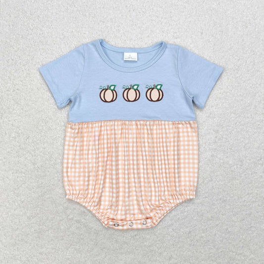 SR1711 Embroidered pumpkin Orange plaid blue short sleeve romper high quality baby ruffle romper