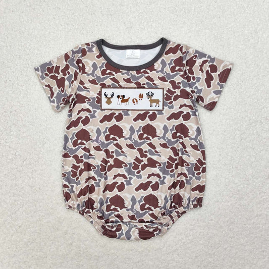 SR1785 Boys Embroidered Elk puppy camo short sleeve romper high quality baby rompers