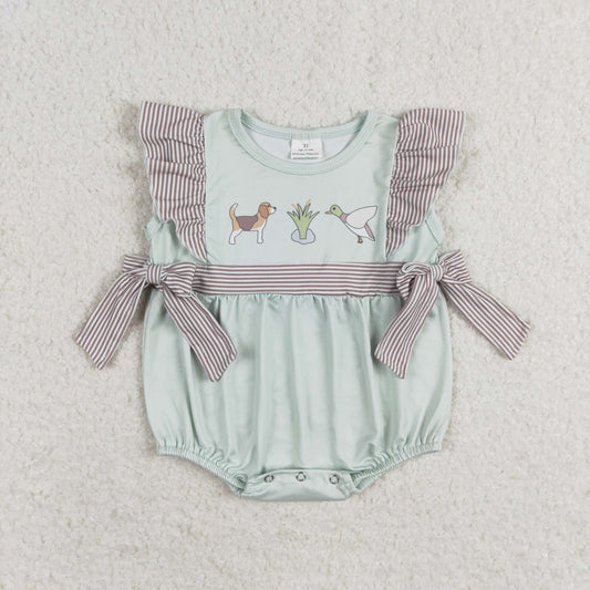 SR1790 RTS Puppy Duck striped bow teal vest onesie