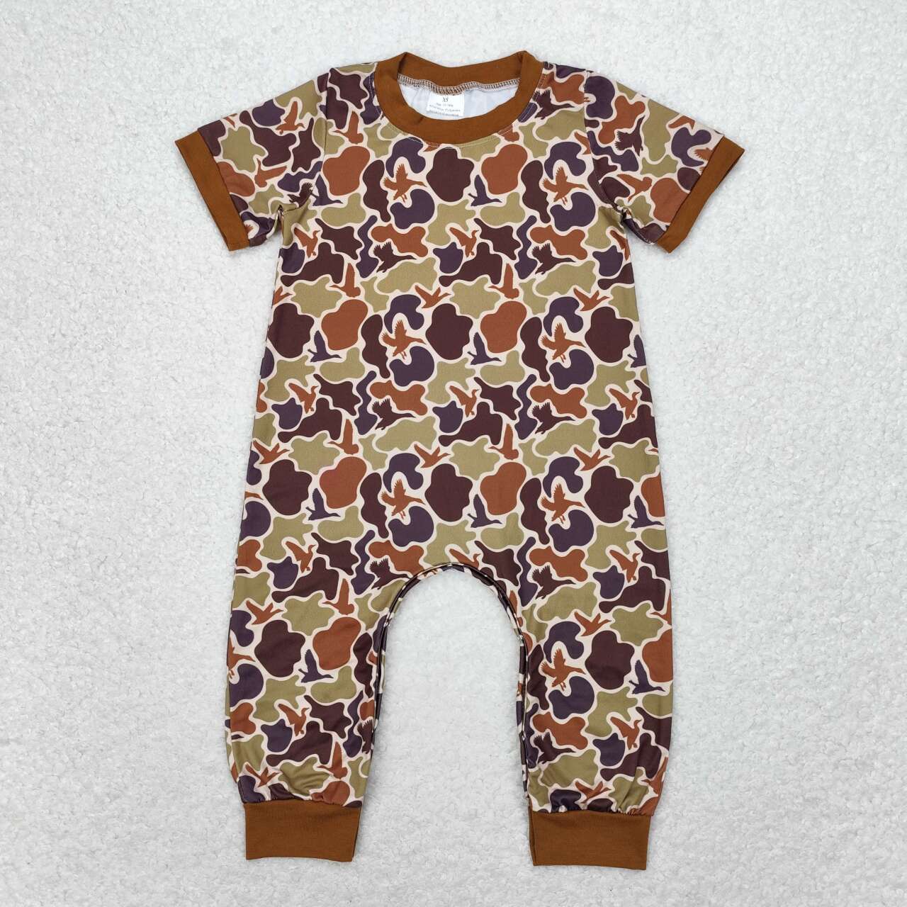 SR1814 Duck Camo Brown short sleeve romper High quality knitted romper baby