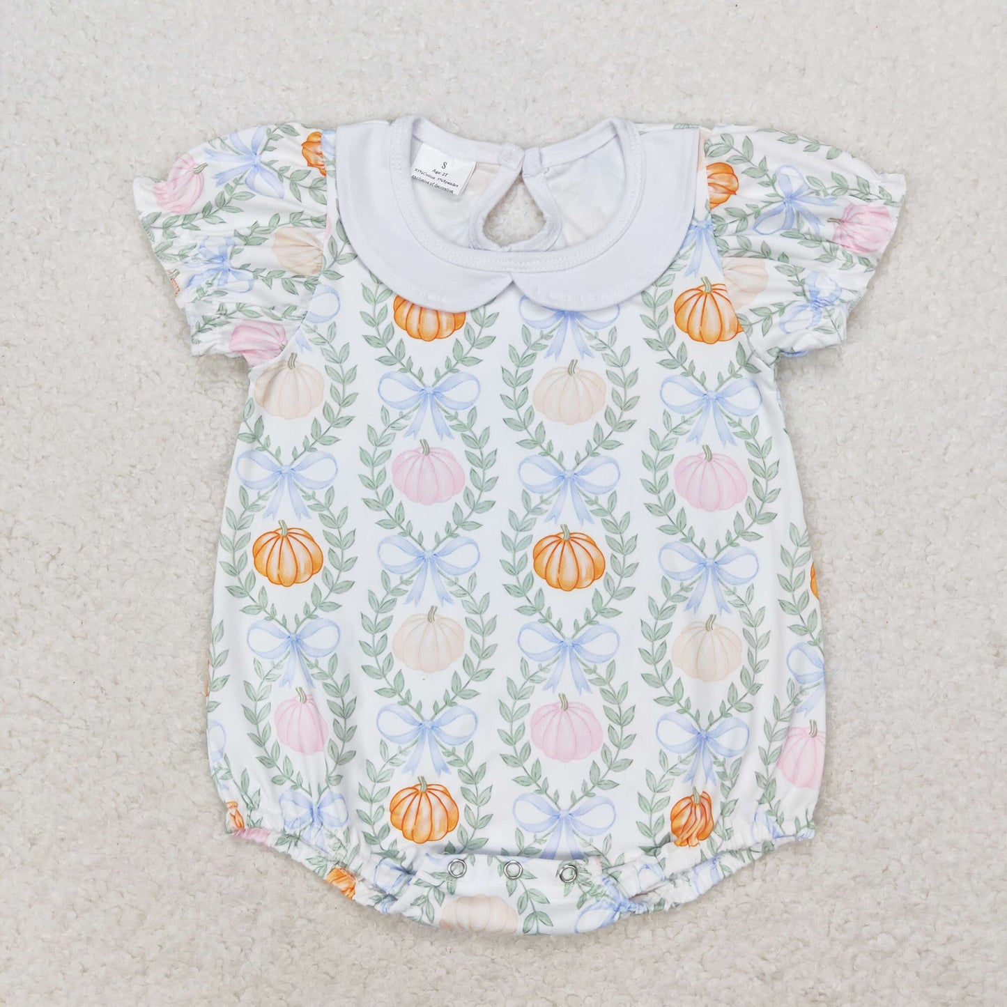SR1827 Pumpkin Leaf Bows Light Blue Short Sleeve Girls Bubble Romper RTS US Free Shipping Over $100