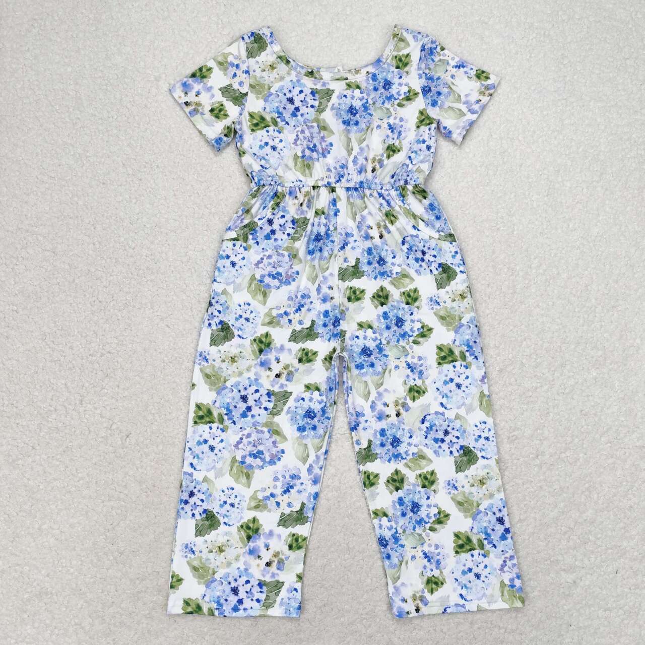 SR1846 Blue hydrangea leaves White short sleeve romper high quality baby romper