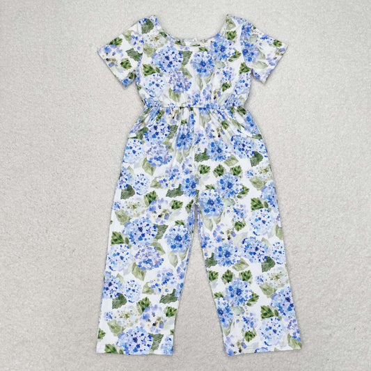 SR1846 Blue hydrangea leaves White short sleeve romper high quality baby romper