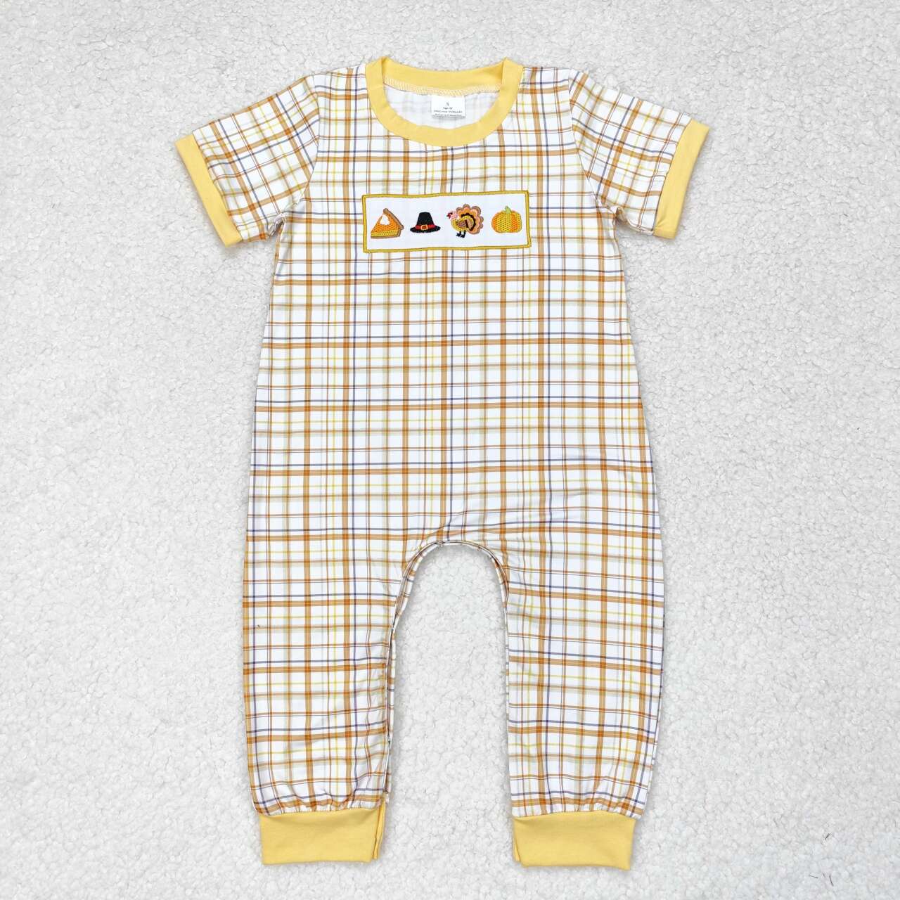 SR1869 NO MOQ Embroidered boy's hat Turkey pumpkin Orange yellow plaid short sleeve romper High quality baby rompers