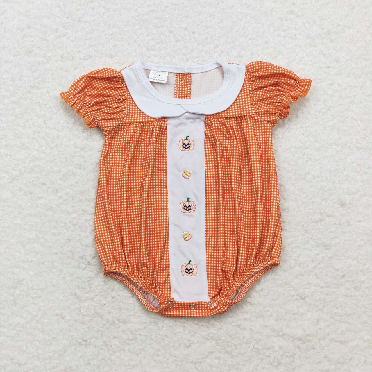 SR1879 Embroidered smiley face jack-o '-lantern candy doll collar orange plaid short-sleeved onesie