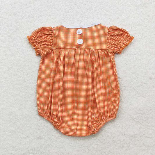 SR1879 Embroidered smiley face jack-o '-lantern candy doll collar orange plaid short-sleeved onesie