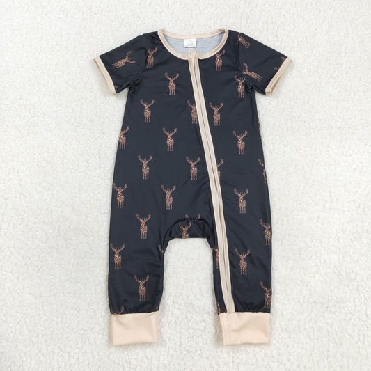 SR1896 RTS Modal Deer brown black zip-up short-sleeved onesie