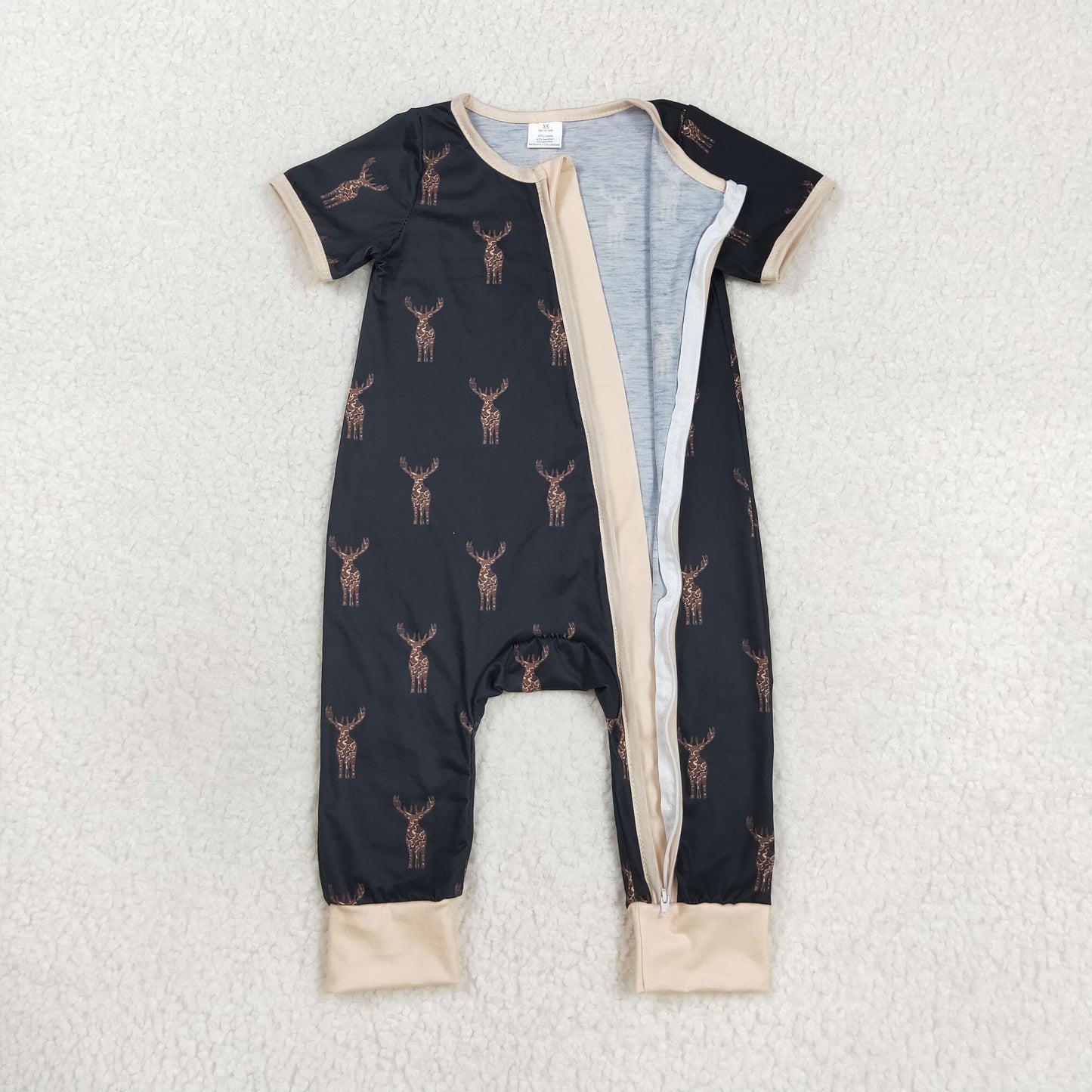 SR1896 RTS Modal Deer brown black zip-up short-sleeved onesie