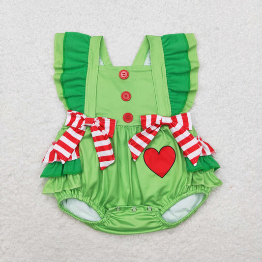 SR1912 Love red and white striped bow Green lace vest onesie