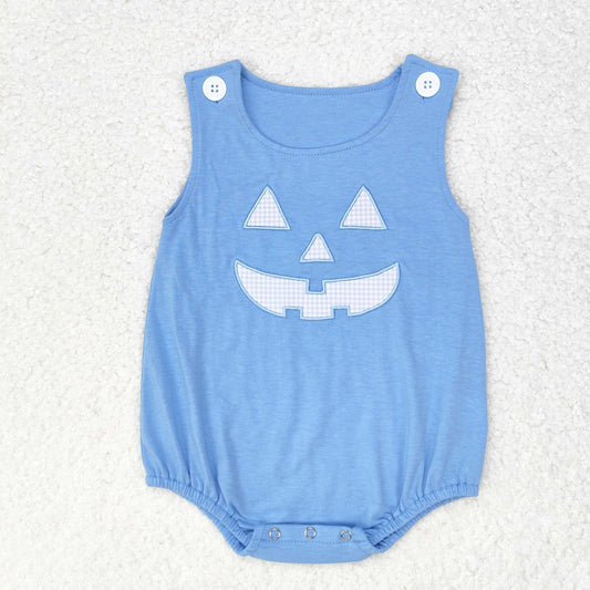 SR1926 Halloween Smiley Face Embroidered Blue Romper Vest Vintage Style Western Cartoon Girls Clothing Sets No MOQ