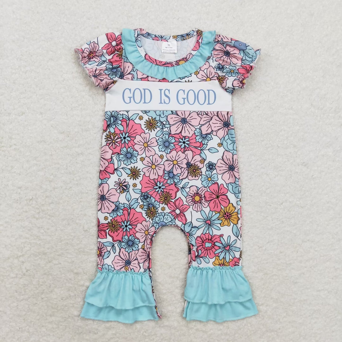 SR1938 god is good. Flowers teal lace beige short sleeve onesie