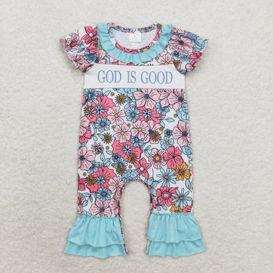 SR1938 god is good. Flowers teal lace beige short sleeve onesie