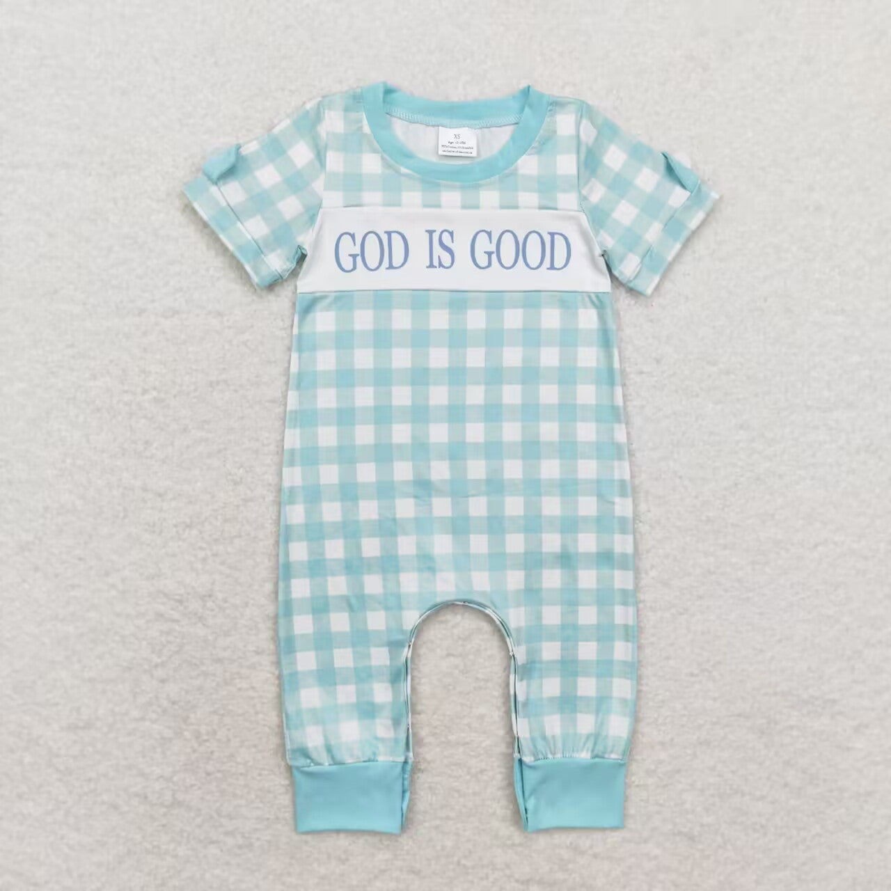 SR1939 god is good checkered teal short-sleeved onesie