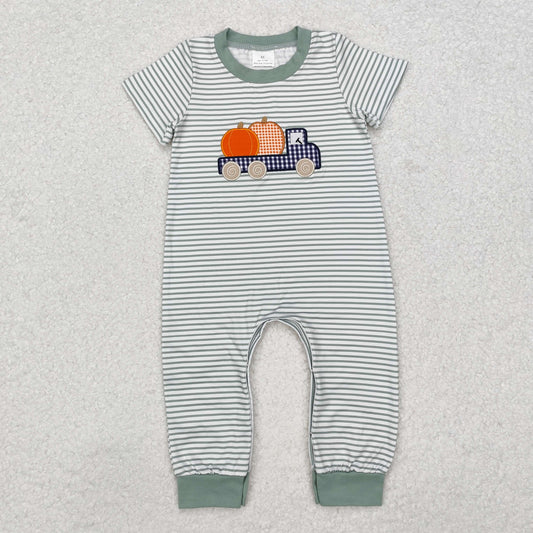 SR1958 Embroidered Thanksgiving Pumpkin Tractor Striped Short-Sleeved Boys Romper RTS 202509