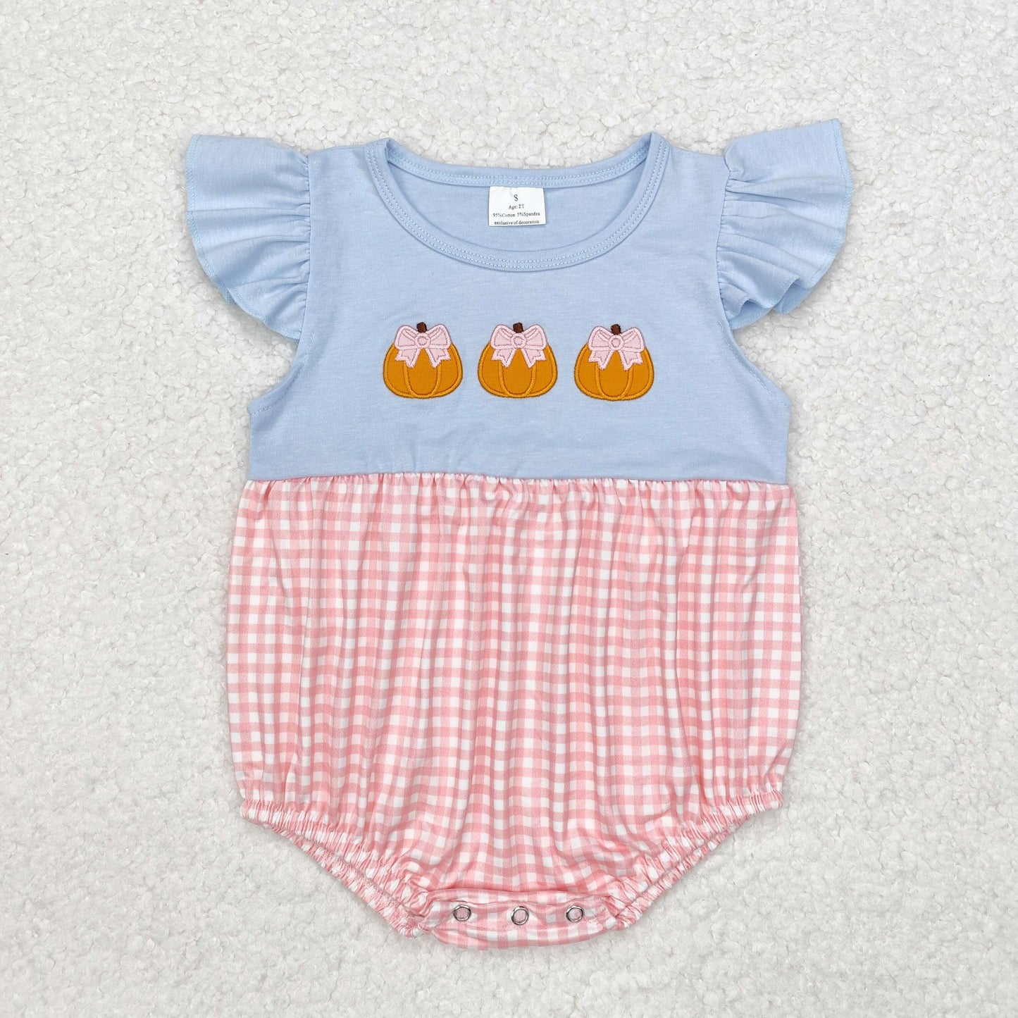 SR1962 Pink plaid short-sleeved onesie with embroidery pumpkin pattern new arrival