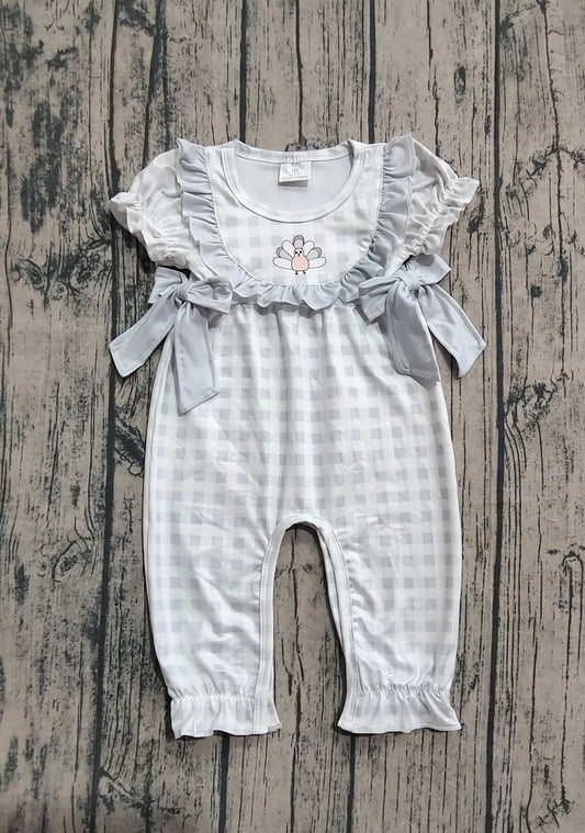 SR1970 Embroidered Thanksgiving Turkey Plaid Light Grey Ruffle Short Sleeve Girls Romper 202509 RTS