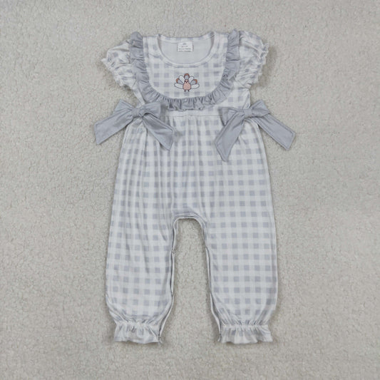 SR1970 Embroidered Thanksgiving Turkey Plaid Light Grey Ruffle Short Sleeve Girls Romper 202509 RTS