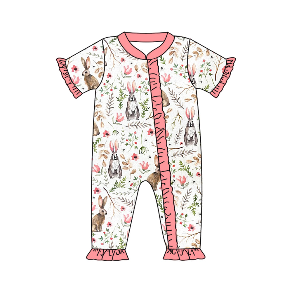 Preorder SR2017 Easter Bunny floral pink lace white zip-up short-sleeved onesie