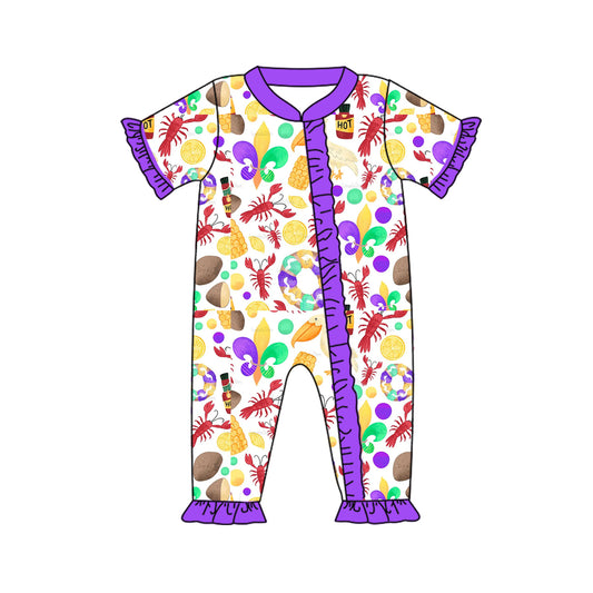 Preorder SR2019 Mardi Gras Lobster purple lace white zip-up short-sleeved onesie