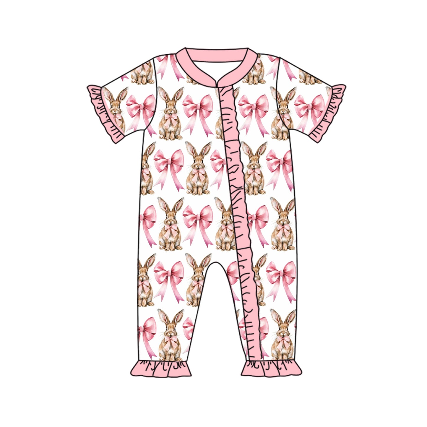 Preorder SR2020 Bunny bow pattern Pink lace white zipper short-sleeved onesie