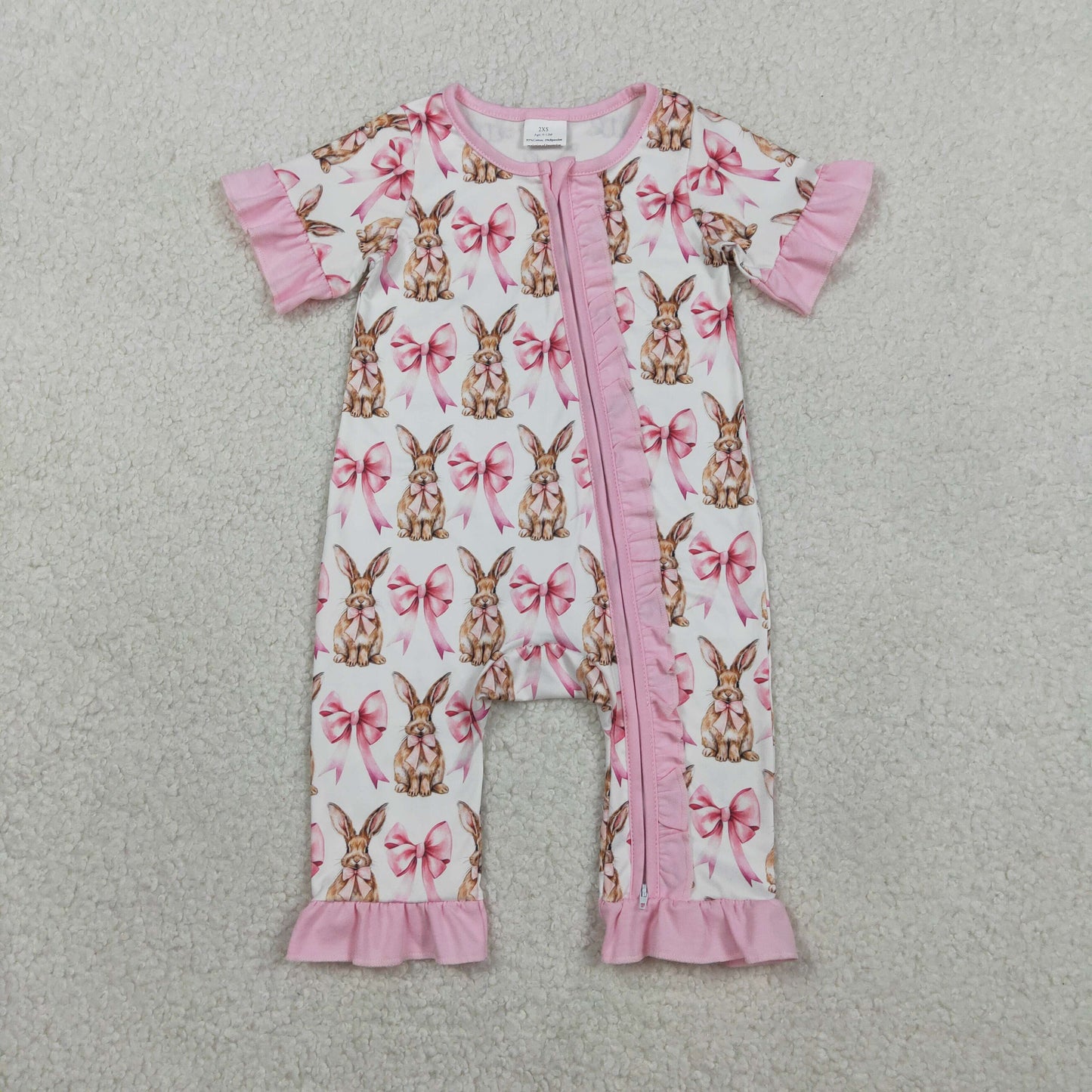 SR2020 Easter Bunny Bow Pattern Pink Ruffle White Zipper Short-Sleeved Girls Romper 202601 RTS
