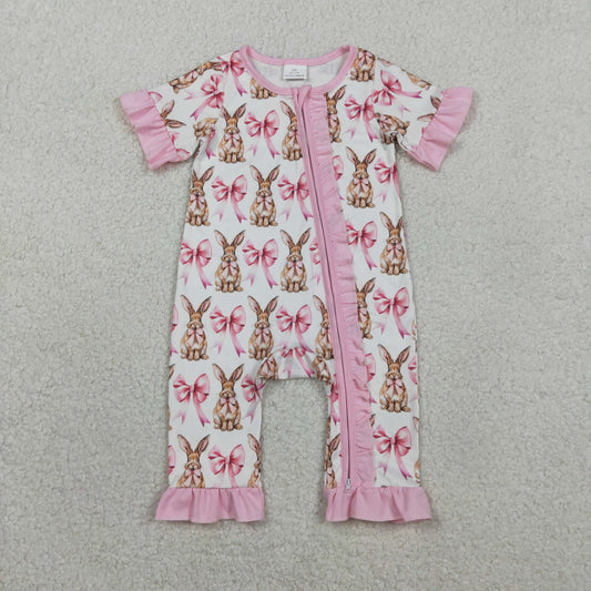 SR2020 Easter Bunny Bow Pattern Pink Ruffle White Zipper Short-Sleeved Girls Romper 202601 RTS
