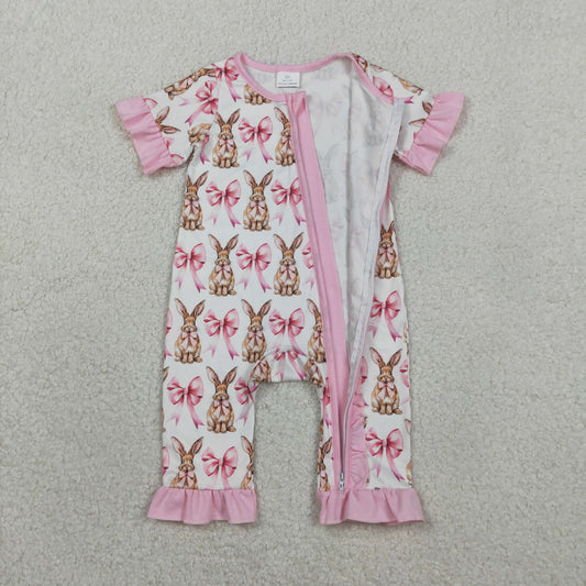 SR2020 Easter Bunny Bow Pattern Pink Ruffle White Zipper Short-Sleeved Girls Romper 202601 RTS