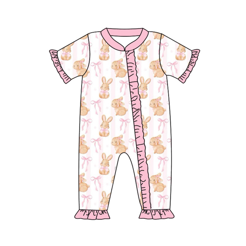 Preorder SR2021 Bunny bow pattern lace pink striped zipper short-sleeved onesie