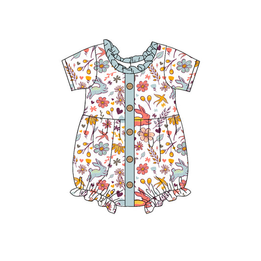 Preorder SR2022 Rabbit flower leaves blue-green lace buttons white short-sleeved onesie