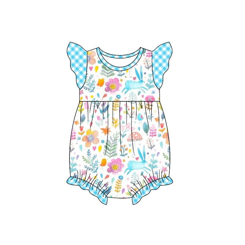 Preorder SR2024 Rabbit flower leaves blue checked lace white vest onesie