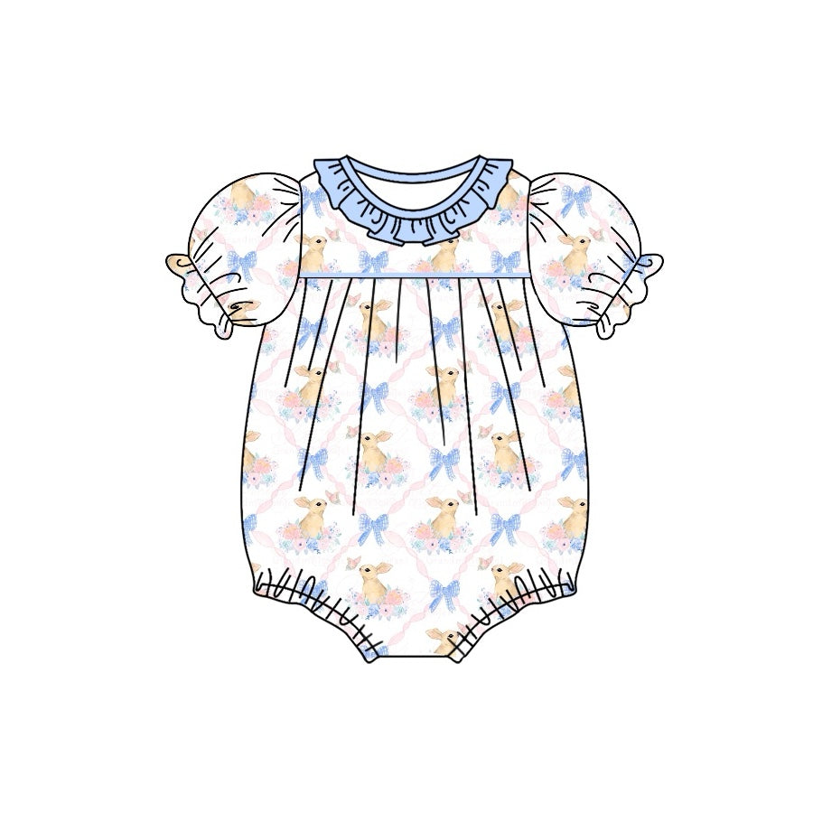 Preorder SR2030 Bunny flower bow pattern Blue lace White short sleeve onesie High quality