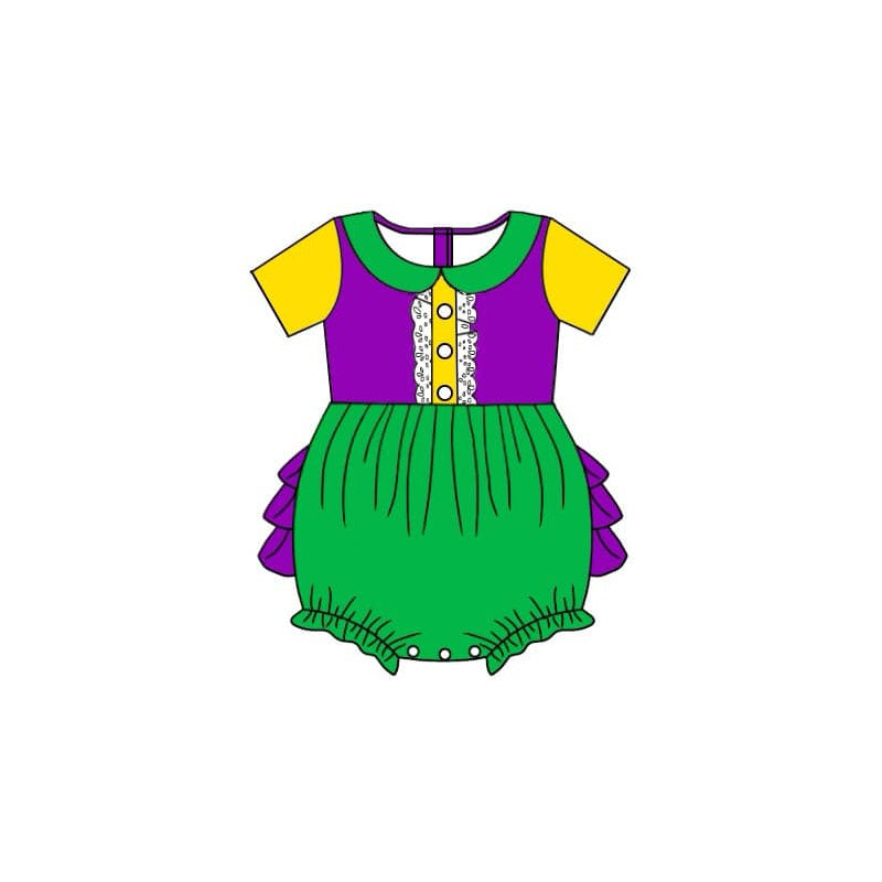 Preorder  SR2035 Mardi Gras yellow-green-purple doll collar short-sleeved onesie