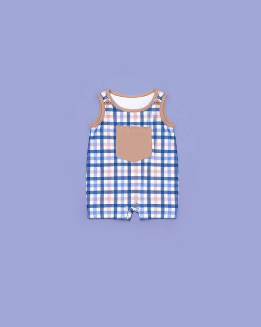 Preorder SR2038 Brown pockets blue plaid sleeveless onesie