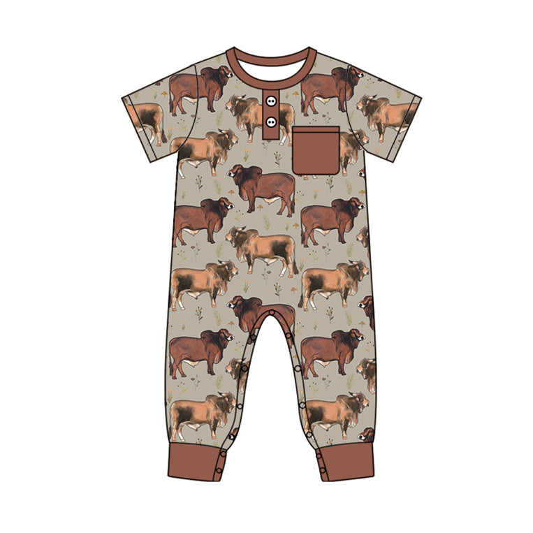 Preorder SR2039 Alpine bull head brown short sleeve onesie with pockets