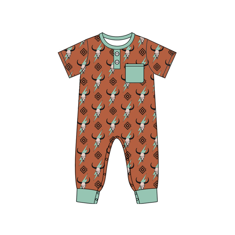 Preorder SR2044 Alpine bull head Lightning geometry teal pocket brown short-sleeved onesie