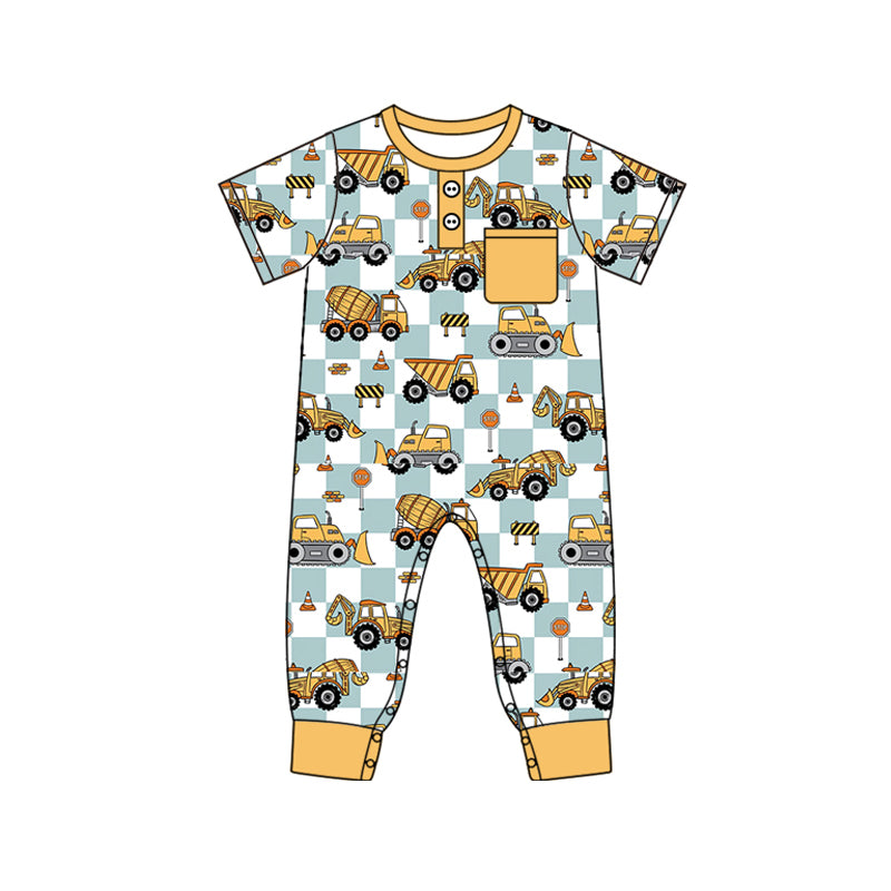 Preorder SR2046 Engineering car blue and white checkered yellow pocket short-sleeved onesie