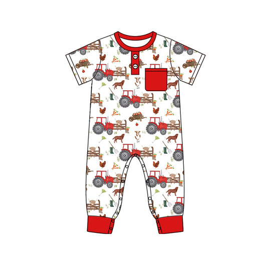 Preorder SR2047 Farm animal tractor red pocket white short-sleeved onesie