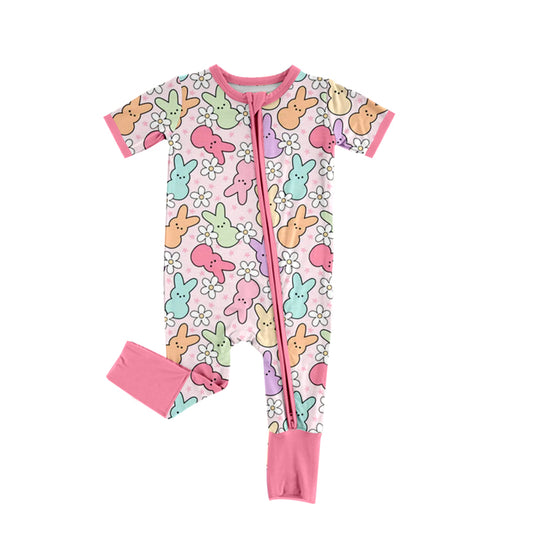 Preorder SR2059 Colorful Easter Bunny flower pink zip-up short-sleeved onesie