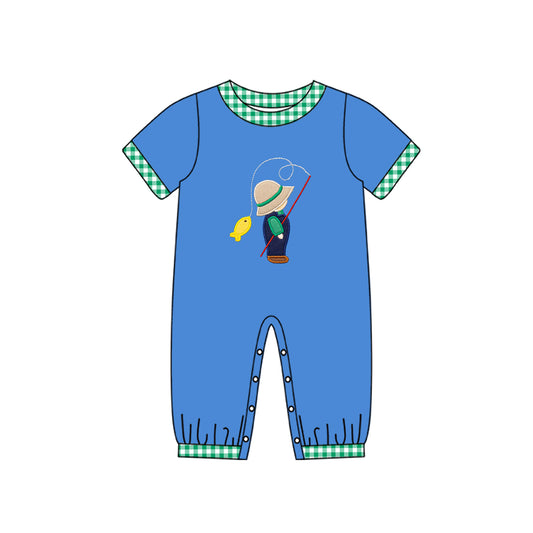 Preorder SR2061 Fishing kid green checkered blue short-sleeved onesie