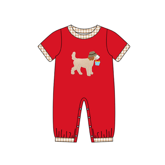 Preorder SR2062 Fishing puppy brown checkered red short-sleeved onesie