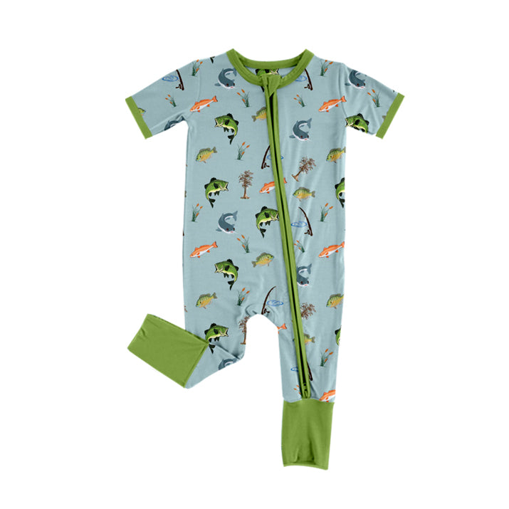 Preorder SR2064 Fishing turquoise zip-up short-sleeved onesie