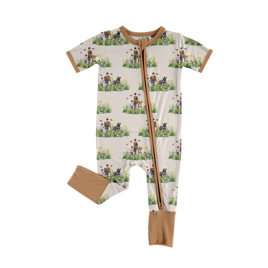 Preorder SR2065 Hunting puppy duck grass brown zip-up short-sleeved onesie