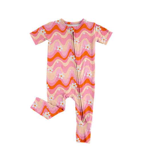 Preorder SR2066 Flower pink orange striped zip-up short-sleeved onesie