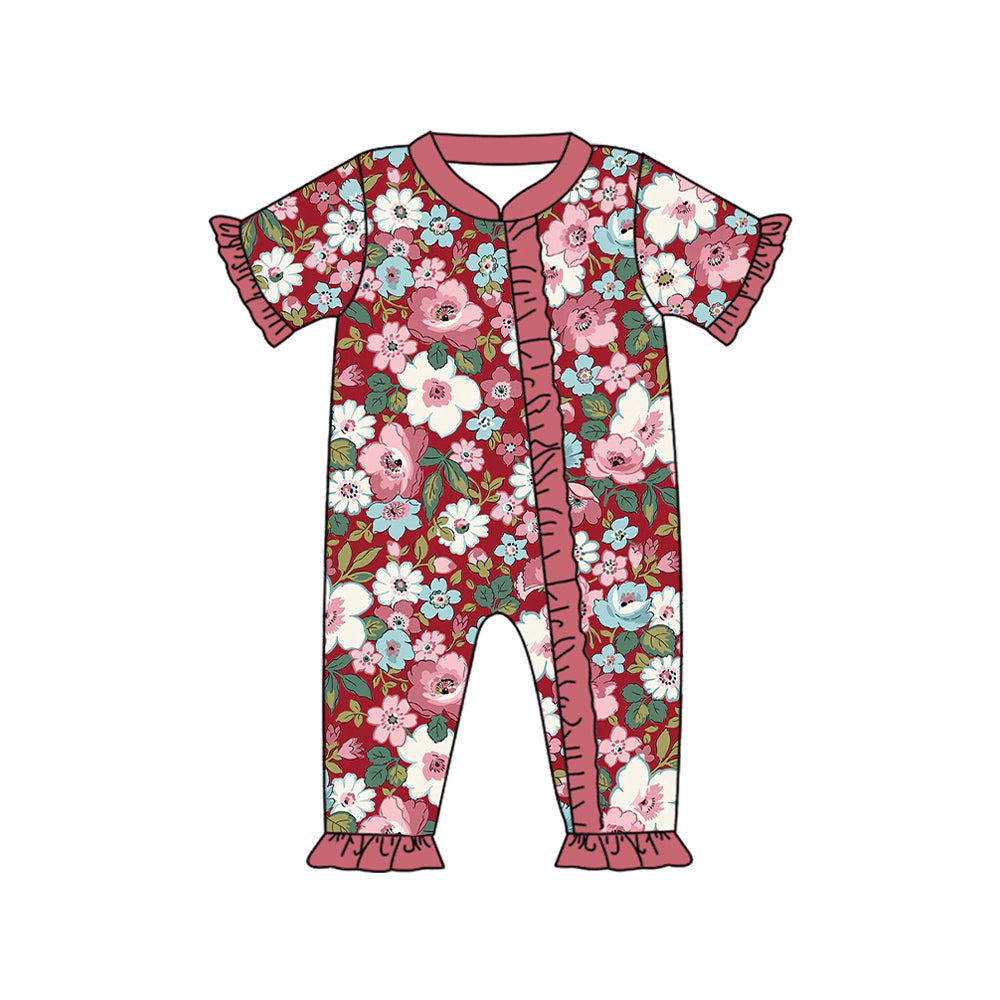 Preorder SR2067 Flower leaves red lace zipper short-sleeved onesie