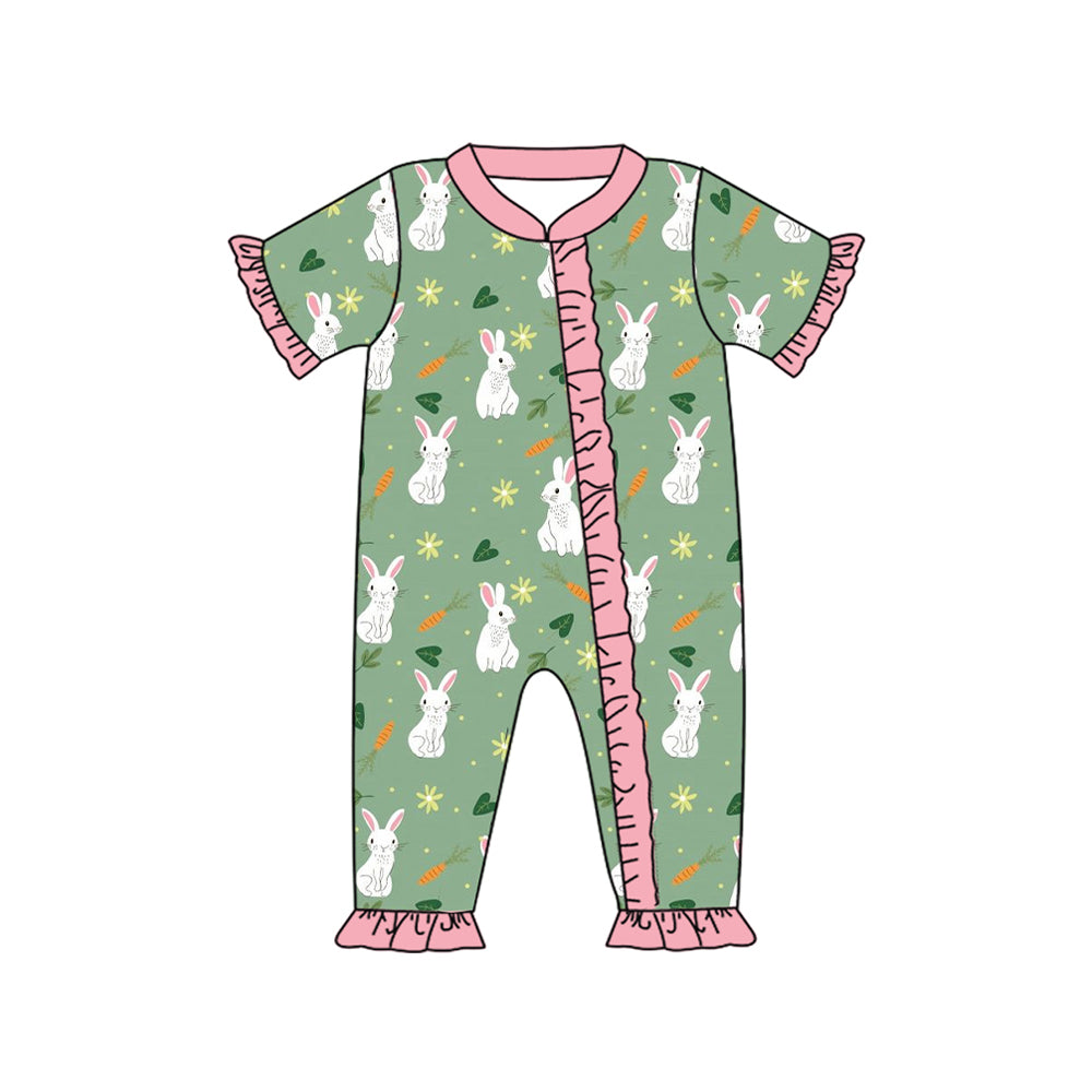 Preorder SR2070 Easter Bunny carrot Leaf Pink lace green zipper short-sleeved onesie