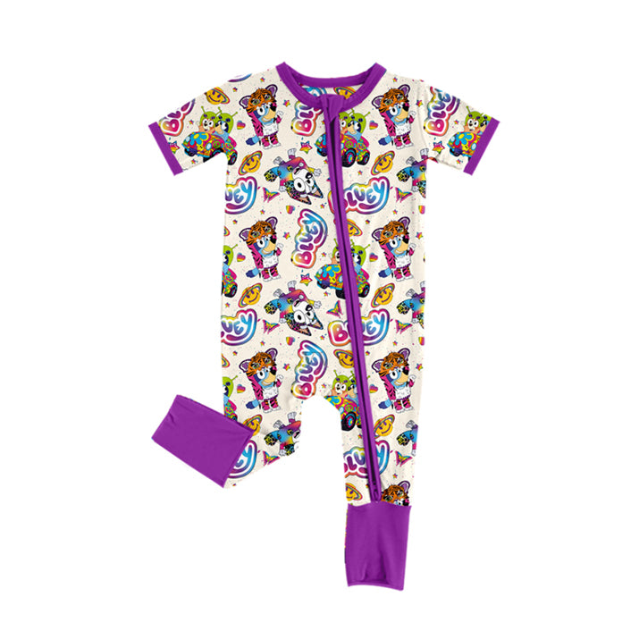 Preorder SR2076 bluey cartoon butterfly short sleeve onesie with purple border beige zipper